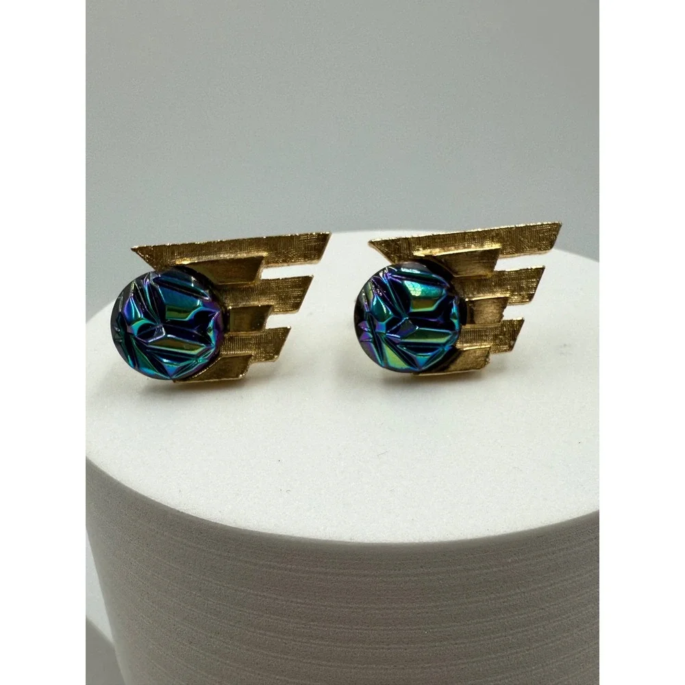 Vintage MCM Gold Tone Wing Cufflink and Tie Clip Set Aurora Borealis Glass Stone